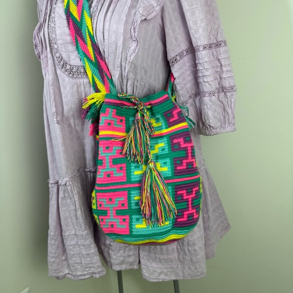 Authentic Wayuu boho bucket Crossbody bag hand woven cotton Multicolor - Picture 10 of 11